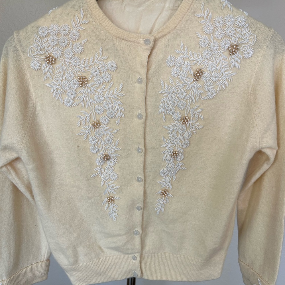 Beaded Wool Cardigan Sweater with Partial Lining and Floral Embroidery